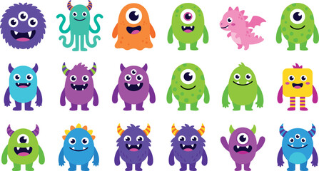 Naklejka premium Cute Monster and Alien Character Vector Icon Set Featuring Colorful Friendly Halloween Creatures, Mascot Elements, and Funny Expressive Avatars Flat Illustration (21 words)