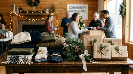 Obraz premium Community giving tree donation drive with wrapped gifts and winter clothing
