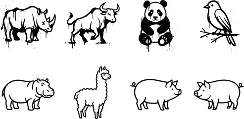 Naklejka premium Wild animals and farm livestock line art icons set mixed with black ink grunge graffiti paint drips isolated on white background