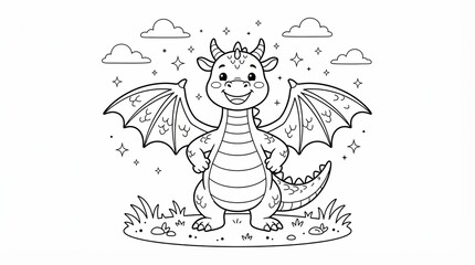 Naklejka premium Cute dragon coloring page for kids, friendly mythical creature line art, cartoon baby dragon with wings and stars, coloring book illustration