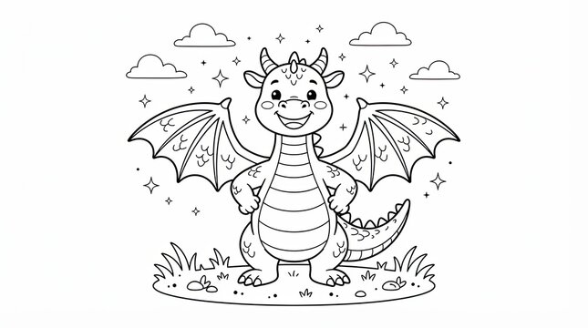 Cute dragon coloring page for kids, friendly mythical creature line art, cartoon baby dragon with wings and stars, coloring book illustration
