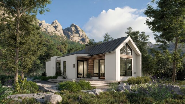 Luxury Tiny House Modern cabin house with large windows set in a mountainous forest landscape under a blue sky.