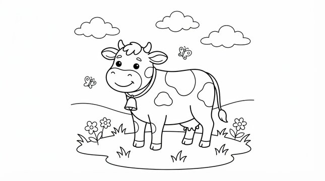 Cute cow coloring page for kids, cartoon farm animal line art, black and white cow illustration with flowers and clouds