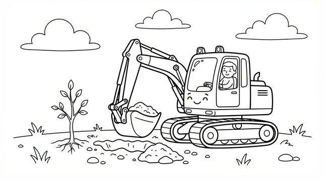 Excavator coloring page for kids, cute construction vehicle line art, cartoon digger machine in garden landscape