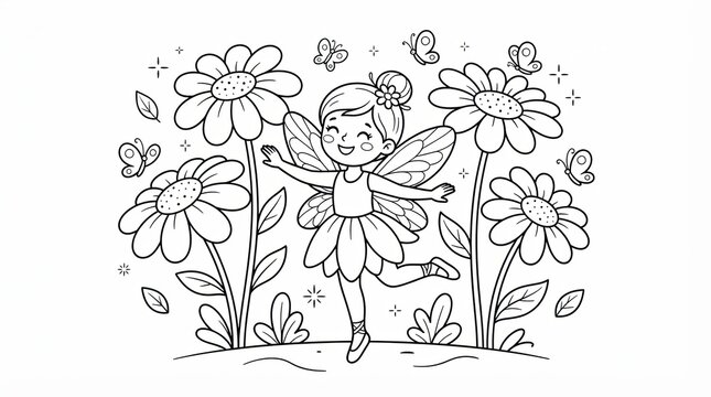 Whimsical fairy coloring page, cute garden elf with flowers and butterflies, black and white line art for kids activity book