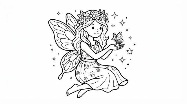 Whimsical fairy coloring page, cute forest elf with butterfly and stars, black and white line art for kids activity book