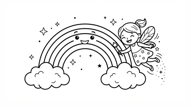 Cute fairy coloring page, whimsical rainbow with clouds and stars. Magical garden scene for kids activity books. Black and white line art illustration.