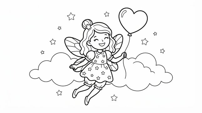 Cute fairy coloring page, little magical girl with heart balloon and stars, whimsical fantasy line art for kids activity books