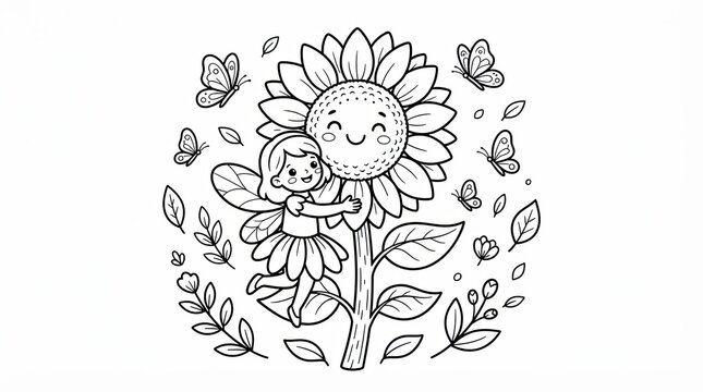 Coloring page of a cute fairy hugging a smiling sunflower, whimsical line art with butterflies and leaves, floral garden illustration for kids