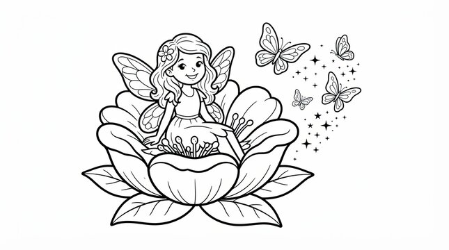 Whimsical fairy coloring page, cute garden pixie sitting on flower. Enchanted forest line art for kids activity book.