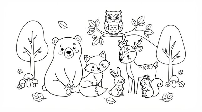 Cute forest animals coloring page, woodland creatures line art for kids, black and white nature scene with bear and deer