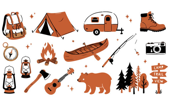 Vibrant hand drawn camping illustrations feature a cozy tent a happy camper a friendly bear and essential outdoor gear elements