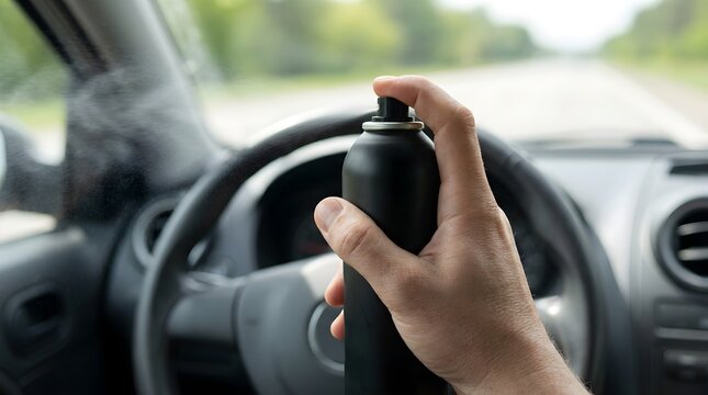 Close up of a hand spraying aerosol air freshener or disinfectant inside a modern car interior.