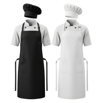 Chef wearing black and white uniform aprons standing side by side