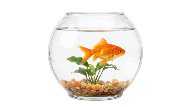 Goldfish Swimming in Round Glass Fishbowl, PNG isolated on a transparent background