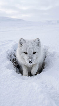 Arctic fox standing in snowy landscape blending with white surroundings under cloudy winter sky natural camouflage