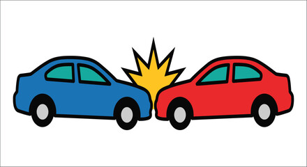 Fototapeta premium Two sedans colliding with impact burst depicted in a colorful vector illustration accident automobiles collision