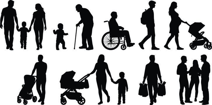 Set of black silhouettes of families, couples, and individuals in various generations and life stages.