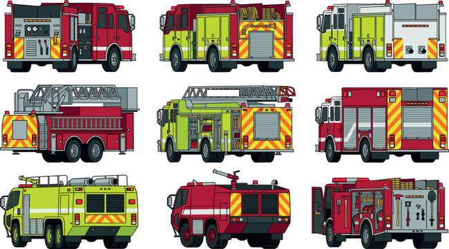 Fire Truck and Emergency Rescue Vehicle Vector Icon Set with Ladder Trucks, Airport Crash Tenders, and Equipment Profiles for First Responders, Firefighting, and Safety Designs