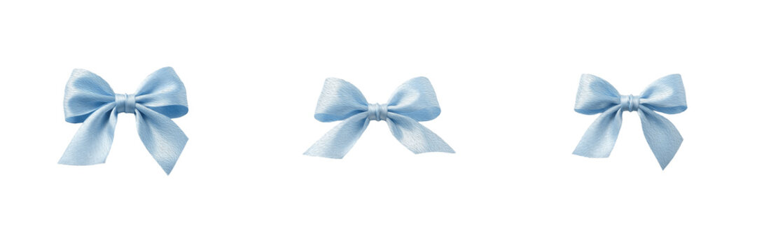 Set of Three Light Blue Satin Ribbon Bows Isolated on Transparent Background Showing Elegant Silk Material for Gift Wrapping and Holiday Celebration Decor