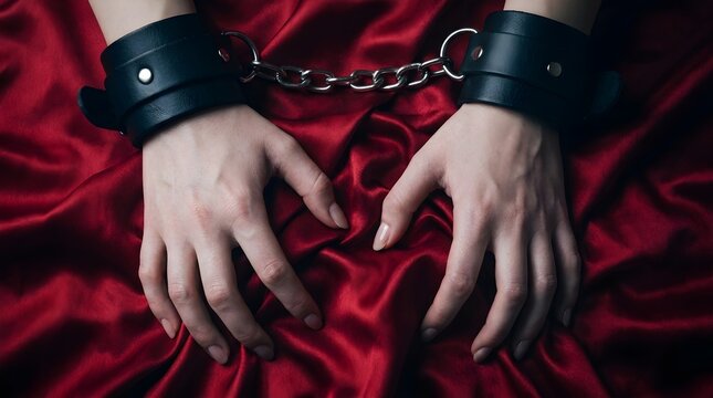 Hands bound in black leather handcuffs with metal chain on red satin fabric background.
