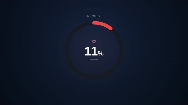 Minimalist RAM Memory Capacity Gauge in Available Indicator in 4K. Computer Hardware Storage Meter and System Performance UI on Dark Navy Background.