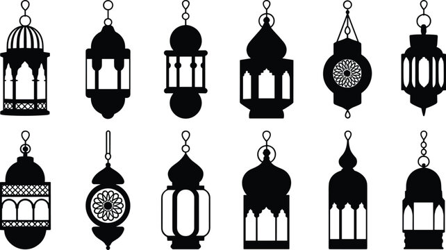 Traditional arabic fanous lantern silhouette graphics collection showing decorative ramadan mubarak hanging lamp ornaments for islamic holidays