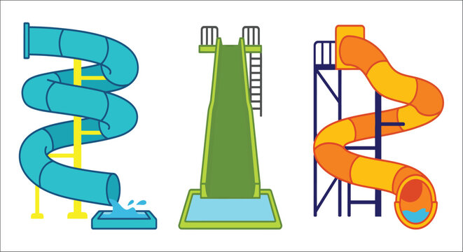 Colorful water slides with ladders and splashdown areas are depicted in a vector illustration aquatic