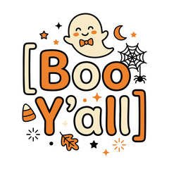 Naklejka premium Halloween ghost cartoon character shouting Boo with spooky autumn decorations and stars