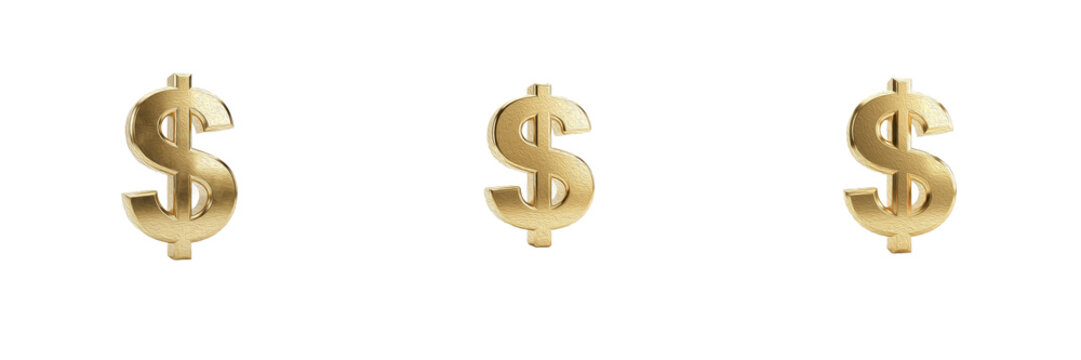 Set of Three Shiny Gold Dollar Currency Signs Isolated on Transparent Background Showing Bright Metallic Finish for Financial Wealth and Banking Investment Concepts
