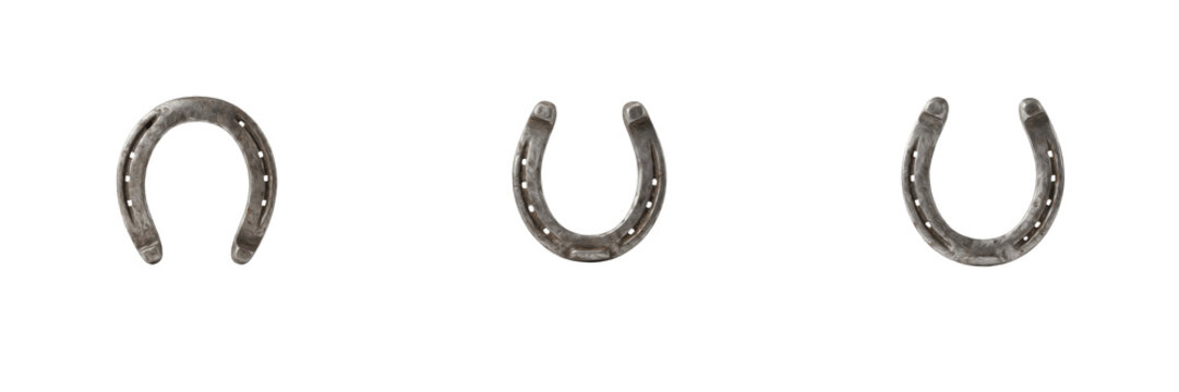 Set of Three Realistic Metal Horseshoes Isolated on Transparent Background Showing Different Orientations for Western Equestrian Design and Lucky Charm Concepts