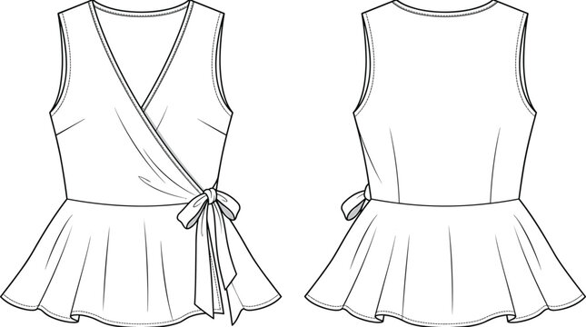 Women Sleeveless Wrap Peplum Top Flat Sketch Technical Fashion Vector Design Template