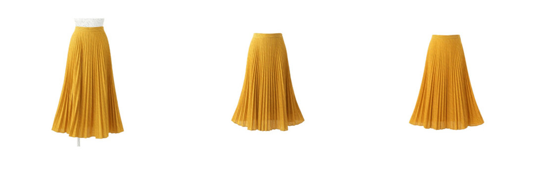 Set mustard yellow pleated maxi skirts, flowy long women's skirts, elegant fall apparel, high-waisted skirts, ladies fashion clothing items