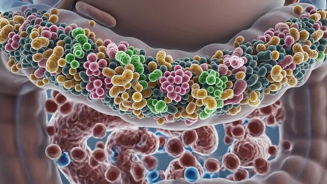 Infant Microbiome Development Concept With Colorful Bacteria Cells In A Vibrant Scientific Visualization