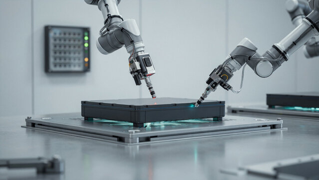 Dual robotic arms with fine precision nozzles applying liquid adhesive on electronic part.