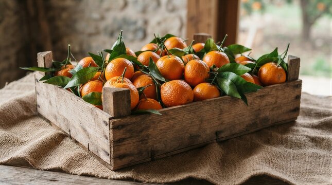 Wooden crate filled with fresh mandarins on rustic table