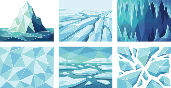 Geometric Arctic Ice and Iceberg Vector Collection Featuring Frozen Glaciers, Low Poly Icicles, Winter Backgrounds, and Broken Crystal Textures Set