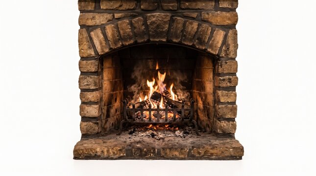 Fireplace fire transparent background with burning wood in stone hearth