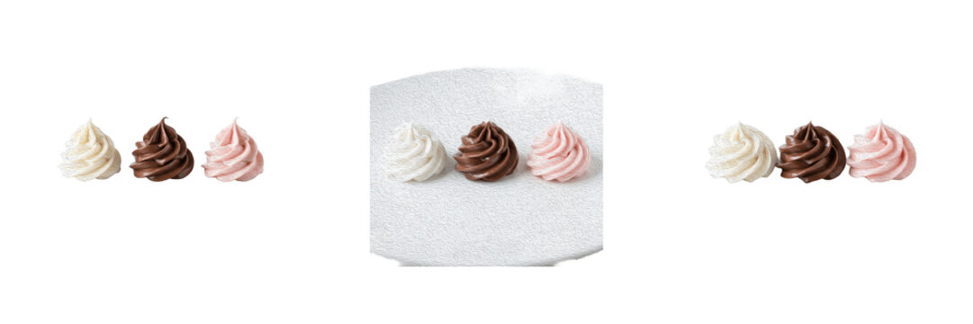 Set piped frosting swirls, vanilla, chocolate, and strawberry dollops, meringue kisses, sweet bakery decorations, dessert toppings, cupcake piping accents