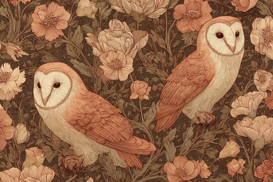Enchanted Woodland Owl Seamless Pattern with Wildflowers and Ornamental Vines
