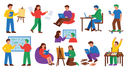 Fototapeta premium People characters learning and working with technology in various everyday school settings.