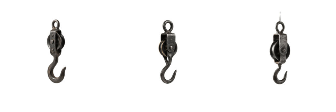 Set industrial crane hooks with pulley blocks, heavy-duty lifting tackles, metal tackle blocks with hooks, rigging equipment, mechanical load-lifting devices