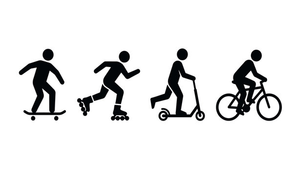 Silhouette icons depict people skateboarding rollerblading scootering and riding a bicycle against a white background activity athletic boarding child cycle