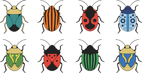 Fototapeta premium Colorful Vector Illustration Set of Cute Shield Bugs and Stink Bugs Featuring Various Patterns in Bright Colors for Nature Designs
