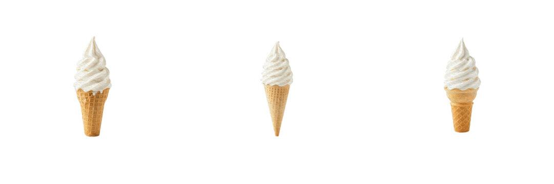Set vanilla soft serve ice cream cones, creamy swirl desserts in waffle cones, sweet summer treats, dairy desserts, delicious fast food snacks