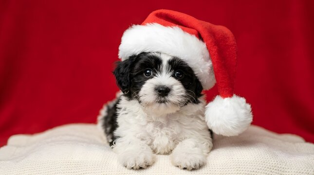 A delightful and adorable puppy wearing a festive santa hat for the christmas holiday season