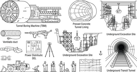 Fototapeta premium Underground Tunnel Construction Vector Icon Set with Tunnel Boring Machine TBM Precast Concrete Lining Excavation Sites Workers Transit Railway and Engineering Equipment