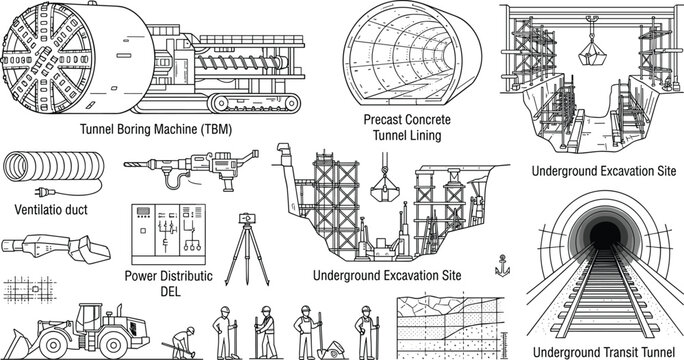 Underground Tunnel Construction Vector Icon Set with Tunnel Boring Machine TBM Precast Concrete Lining Excavation Sites Workers Transit Railway and Engineering Equipment