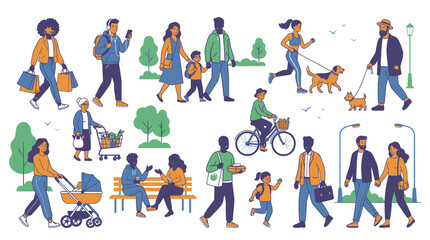 Fototapeta premium Group of diverse people walking in the city park with shopping bags dog strollers and bicycles in vector illustration