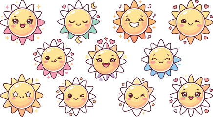 Fototapeta premium Cute Kawaii Sun Chibi Character Sticker Set Featuring Sweet Sunshine Faces with Pastel Pink Purple Hearts Stars and Music Notes for Kids Graphic Designs